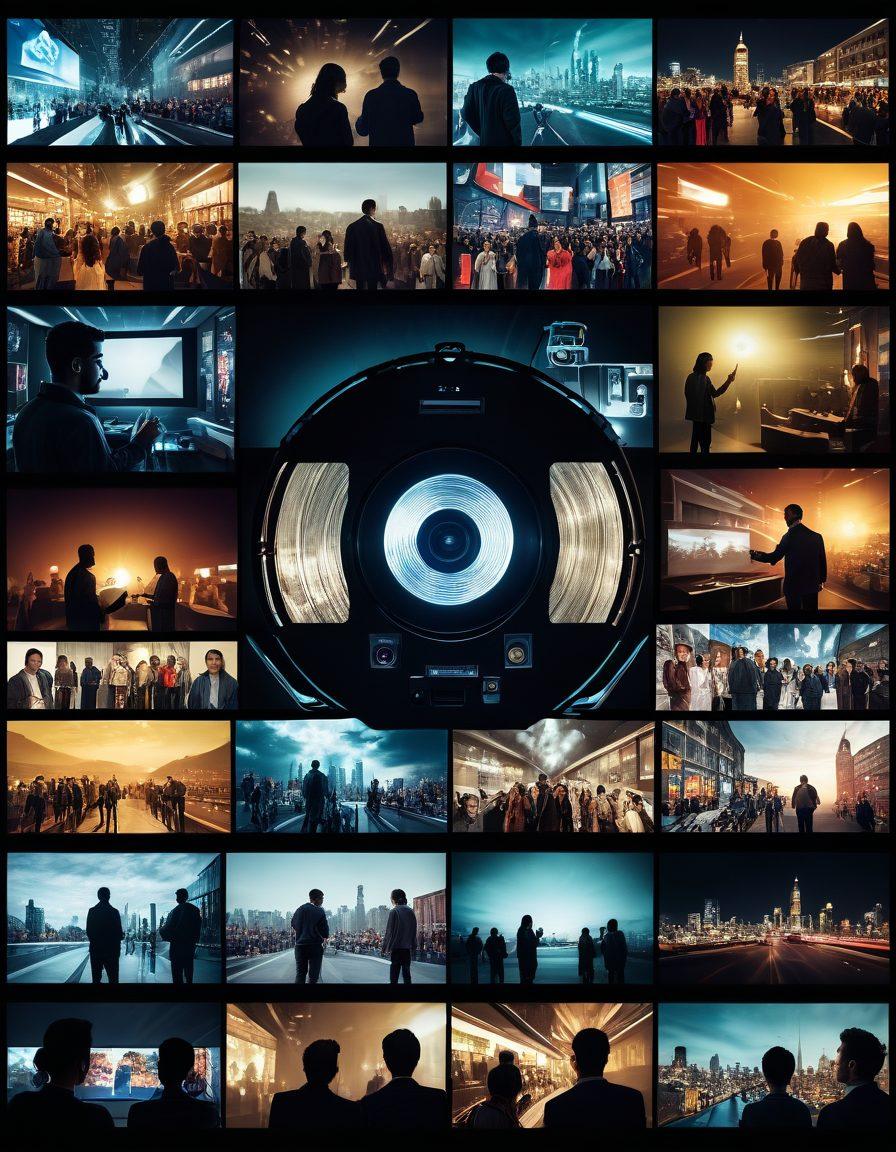 A vibrant collage featuring a cinematic projector casting a documentary film reel onto a diverse audience engaged with the storyline. Elements of modern society such as digital devices, urban landscapes, and cultural icons subtly blend into the background. The color palette should be rich and engaging, highlighting the emotional connection of storytelling. super-realistic. vibrant colors.